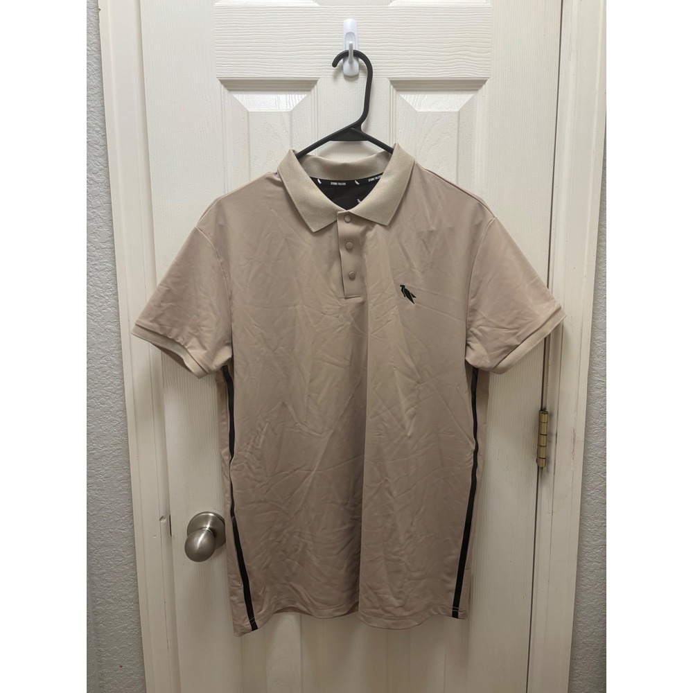 Stone Falcon Mens Tan Short Sleeve Polo Golf Shirt Side Stripe Logo Beige Large